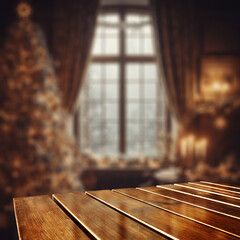 Desk of free space and winter background of christmas tree. Empty space for your decoration and...