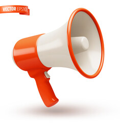 Vector realistic illustration of a red and white megaphone on a white background.
 - obrazy, fototapety, plakaty