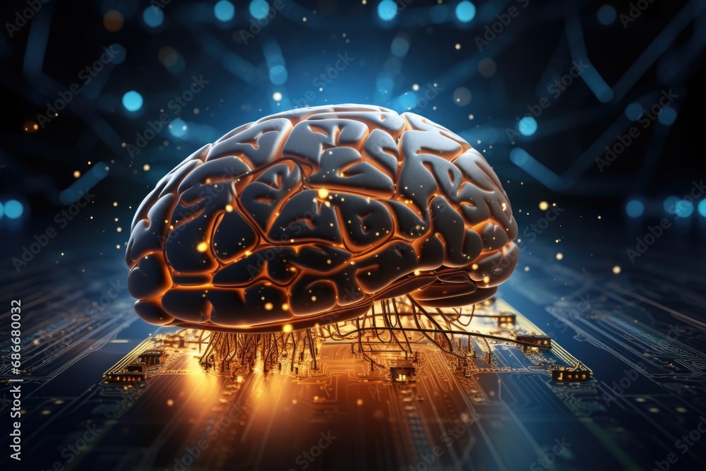 Poster a detailed close-up view of a brain placed on a circuit board. this image can be used to depict conc