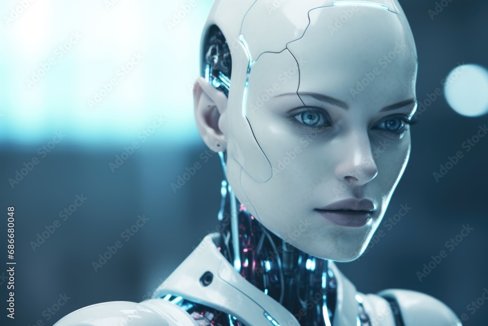 Poster a close-up view of a person wearing a robot suit. this image can be used for various purposes, such 