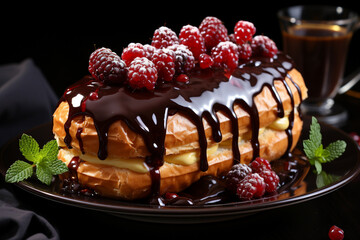 Chocolate eclairs with raspberries and blackberries on a plate