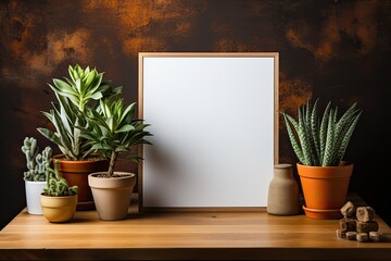 frame with poster mockup on wooden table with green plants