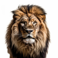 Closeup lion with an aggressive look on white background, ai technology