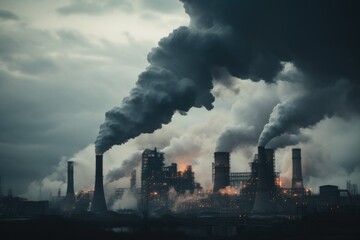 A picture showing black smoke billowing out of a factory. This image can be used to highlight pollution and environmental issues - obrazy, fototapety, plakaty
