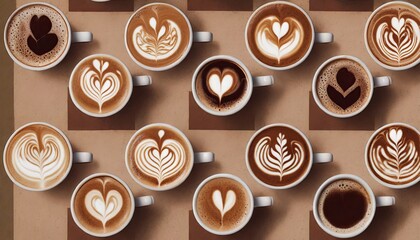 Cups of coffee , latte art, heart, pattern , variations