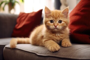Cute ginger kitten sitting on a couch