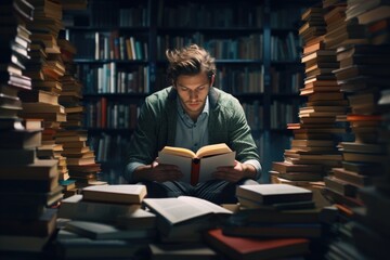 A man is pictured reading a book in a room filled with books. This image can be used to depict a cozy reading nook, the joy of reading, or the importance of knowledge and education