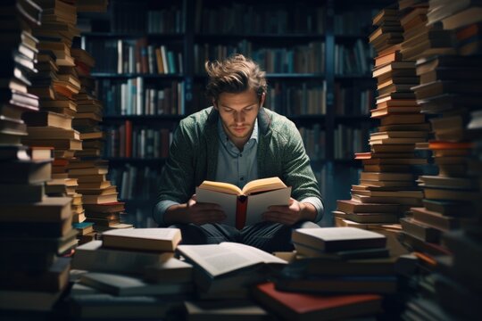 A man is pictured reading a book in a room filled with books. This image can be used to depict a cozy reading nook, the joy of reading, or the importance of knowledge and education