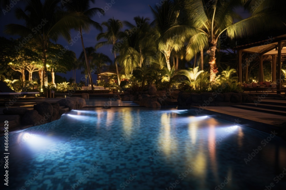 Poster a picturesque pool with a cascading waterfall and lush palm trees in the background. perfect for cre