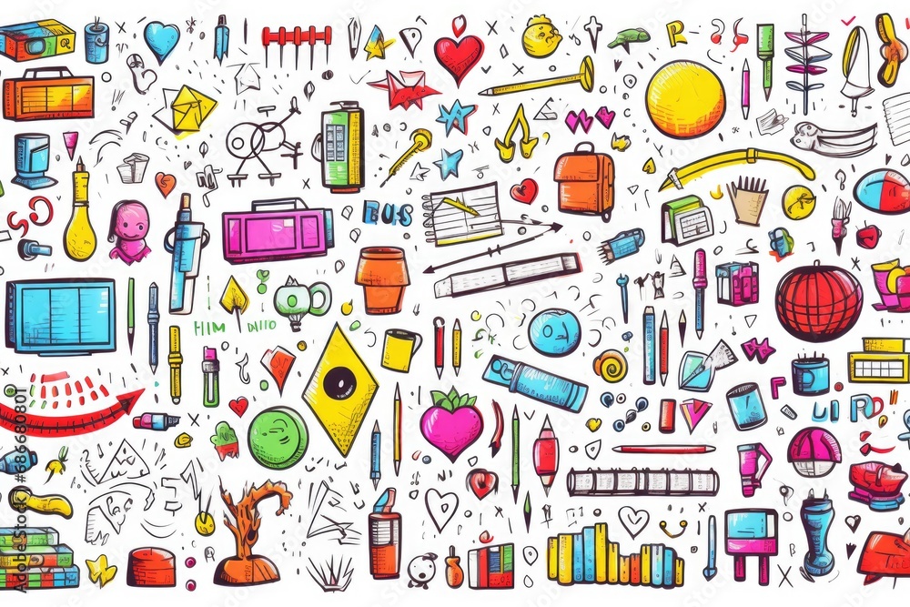 Poster a collection of various colored objects displayed on a clean white background. this versatile image 