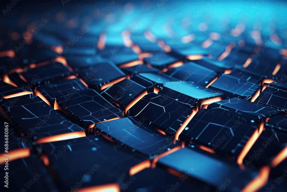 Poster a close-up view of a computer keyboard with keys that are glowing. this image can be used to depict 