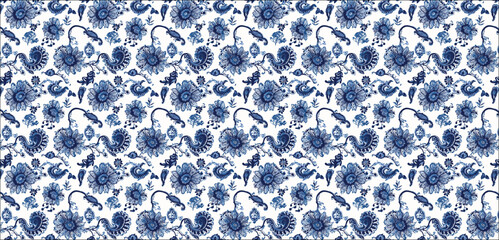 Fototapeta na wymiar seamless pattern with blue flowers, seamless pattern with flowers, Medieval Chic Background Modern Retro Vintage Medieval Backdrop 
