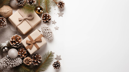 Fototapeta premium Christmas composition. Christmas gift, pine cones, knitted blanket, fir branches on white background. Flat lay, top view, copy space, generative ai