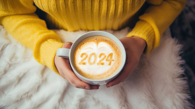 Happy New Year 2024 female hands holding coffee mug on frothy surface of cappuccino served number 2024 in white coffee mug. new year new you. (top view), generative ai