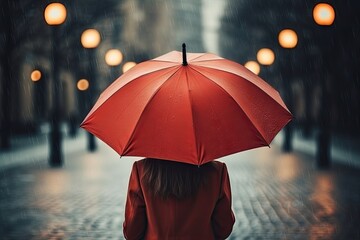 An unrecognizable woman under a red umbrella - obrazy, fototapety, plakaty