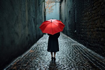 An unrecognizable woman under a red umbrella