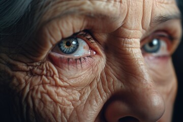 A detailed close-up of an older woman's eye. This image can be used to represent aging, wisdom, or the beauty of wrinkles. It can also be used in healthcare or beauty-related projects