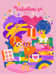 Cute illustration for Valentine's Day. Design with a couple in love surrounded by hearts, playful cats, gifts and sweets. Suitable for greetings, creating your own valentine and more