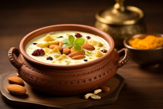 A detailed view of Basundi, garnished with aromatic spices and nuts, served in a traditional bowl, reflecting the essence of Indian festivities