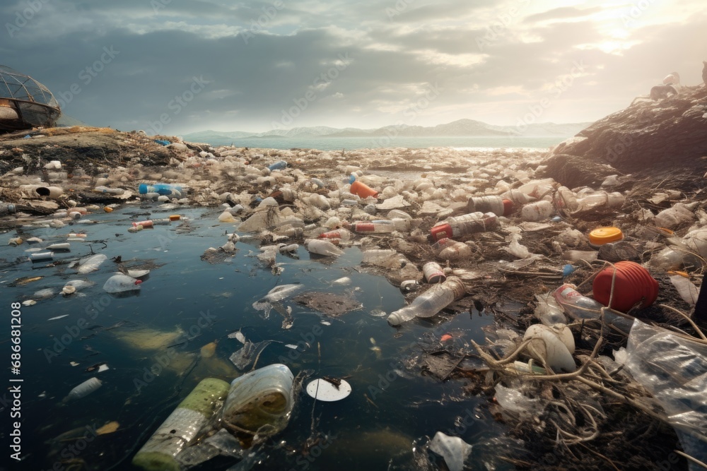 Aufkleber a picture showing a river filled with lots of trash flowing next to a beach. this image can be used 