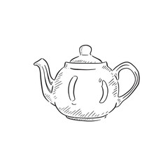 A line drawn black and white illustration of a tea pot with shiny sides. Perfect for adverts and logos. Created by hand and shaded with black lines.
