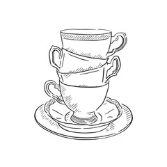 A stack of china cups on saucers. Black and white line drawing, drawn by hand in a sketchy style. 