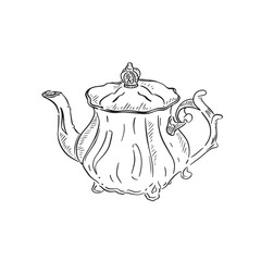 A line drawn illustration of a teapot in an intricate vintage style. All hand drawn and digitally reproduced as a vector in black and white.