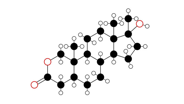 oxandrolone molecule, structural chemical formula, ball-and-stick model, isolated image oxandrin