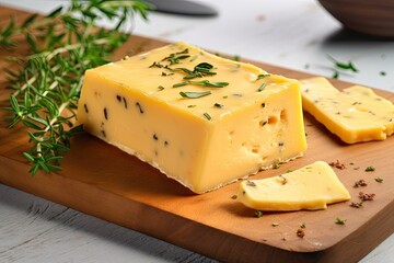 Board with tasty cheddar cheese and thyme on light background