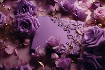 A purple book sits in the center of the image, surrounded by vibrant purple roses and delicate pearls. 