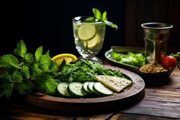 A tantalizing display of traditional Turkish Yayik Ayrani, garnished with mint, on a rustic backdrop with a side of meze