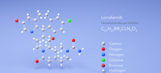 lonafarnib molecule, molecular structures, farnesyltransferase inhibitor, 3d model, Structural Chemical Formula and Atoms with Color Coding