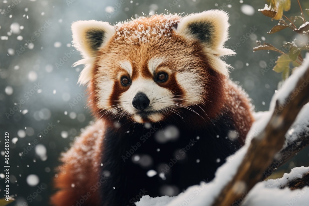 Poster a close up view of a red panda in the snow. this image captures the beauty and uniqueness of this en