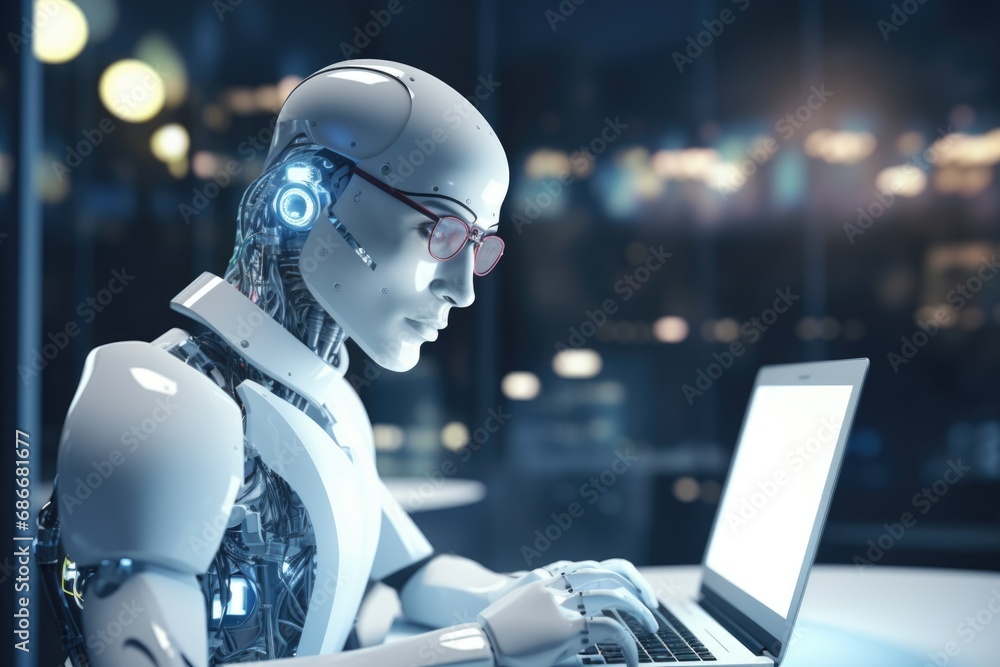 Poster a robot is busy typing on a laptop computer. this image can be used to illustrate technology, artifi