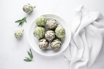 Bowl with pills and fresh artichokes on white tiled