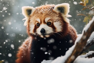 A close up view of a red panda in the snow. This image captures the beauty and uniqueness of this...