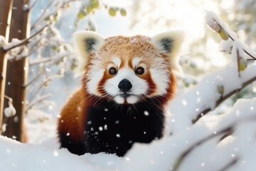 A red panda is sitting in the snow, looking directly at the camera. This image can be used to...