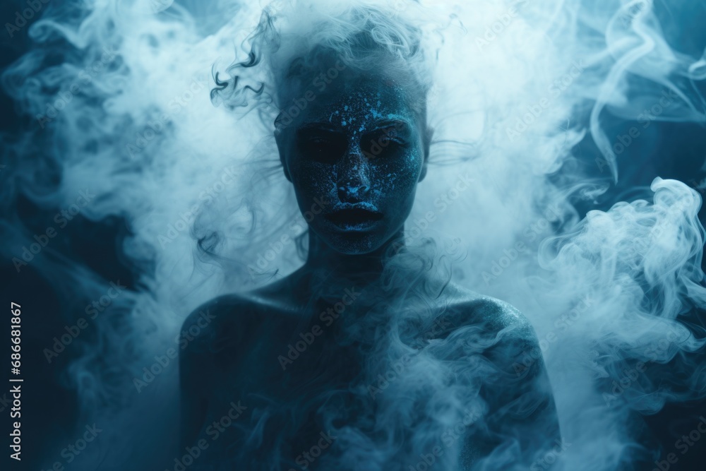Poster a person with their face covered in smoke. this unique image can be used for various creative projec