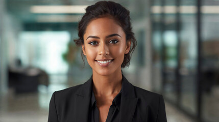 Confident young businesswoman in a sleek black suit in a corporate setting.