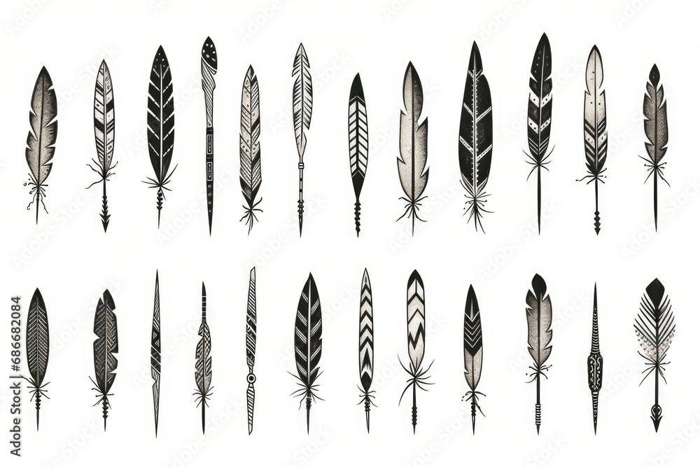 Poster a collection of various types of feathers arranged on a plain white background. this versatile image