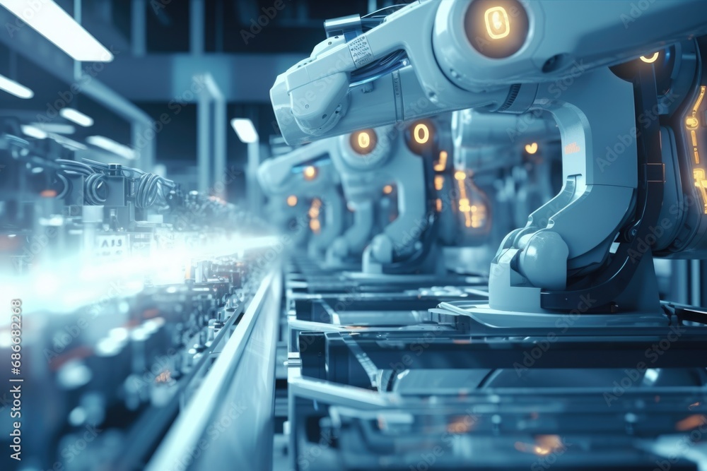 Poster a line of robots moving along a conveyor belt.