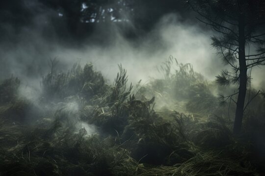 A captivating image of a foggy forest with a lone tree in the foreground.  - Powered by Adobe