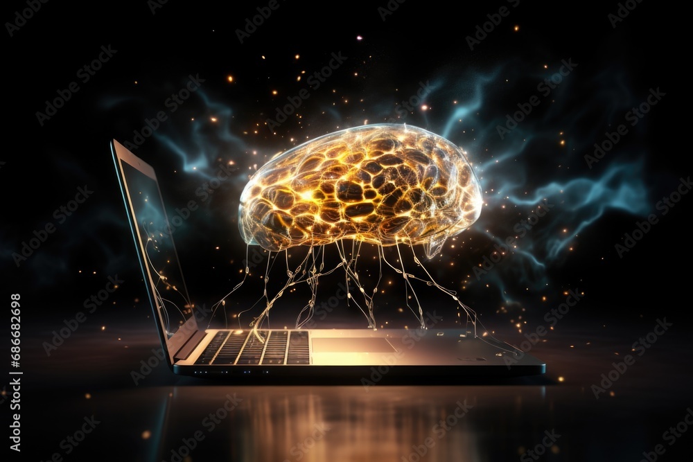 Poster a laptop computer with a glowing brain on the screen. this image can be used to represent technology
