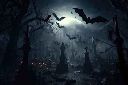 Bats flying over a cemetery at night. This eerie image can be used to create a spooky atmosphere or to illustrate Halloween-related content
