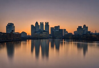 Naklejka premium Morning Glow: Canary Wharf's Skyline Embraced by Dawn