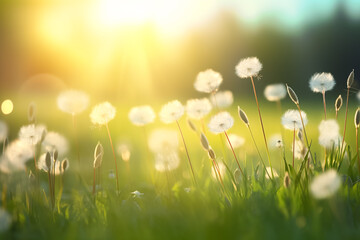 Summer spring beautiful natural scenery. Blooming lush green grass in meadow outdoors.

 - obrazy, fototapety, plakaty