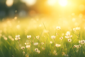 Summer spring beautiful natural scenery. Blooming lush green grass in meadow outdoors. 

