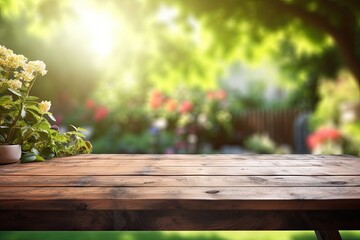 Empty wooden table across summer time in backyard garden