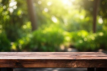 Fototapeta premium Empty wooden table across summer time in backyard garden