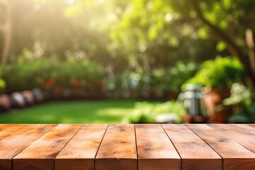 Empty wooden table across summer time in backyard garden - obrazy, fototapety, plakaty